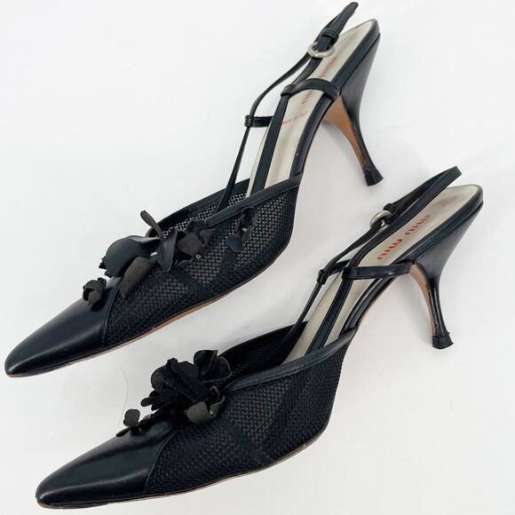 Miu Miu Vintage Retro Black Flower Bow Mesh Pointed Toe Slingback Heel IT 38 - Picture 5 of 13